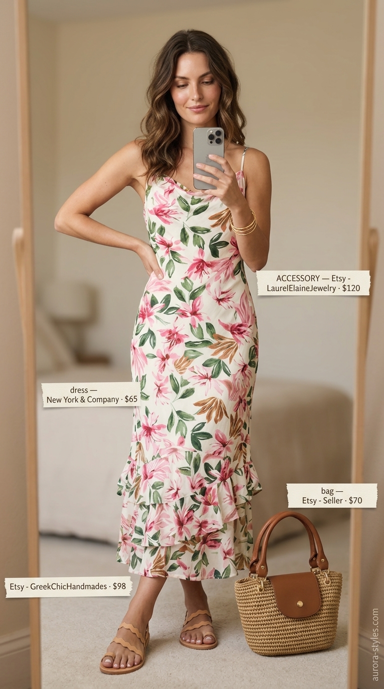 Stylish mom outfits summer 2026: Floral maxi dress, gold bangles, straw tote, and tan sandals for a summer party.