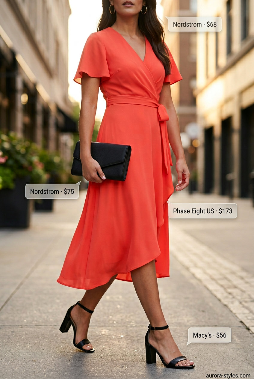 Stylish mom outfits summer 2026: Coral wrap dress, black heels, and gold earrings for summer evening elegance.