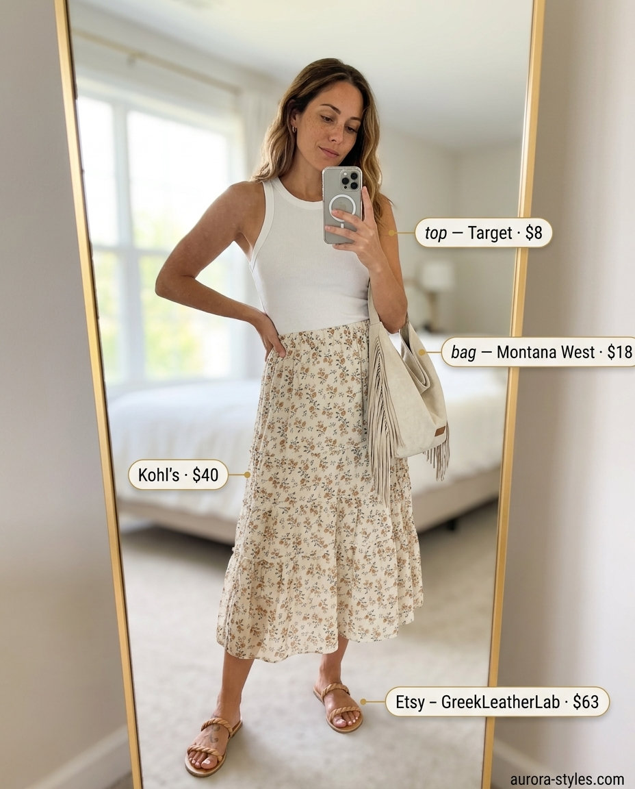 Stylish mom outfits summer 2026: White tank, floral midi skirt, leather sandals for a boho vibe.
