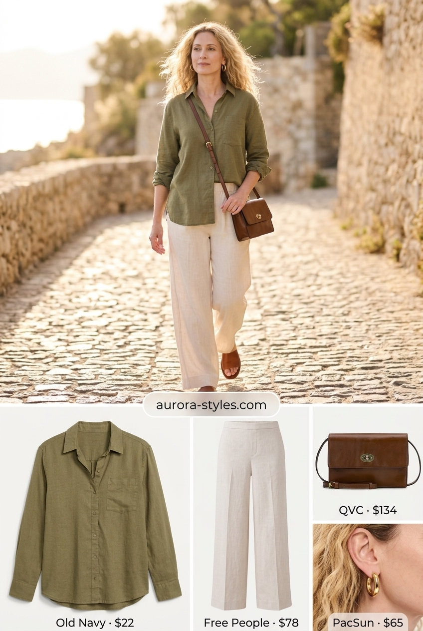 Stylish mom outfits summer 2026: Cream linen pants, olive oversized shirt, gold hoops, and tan slides for effortless chic.