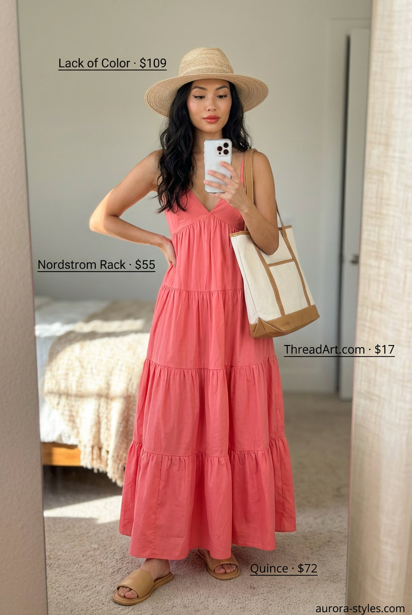 Stylish mom outfits summer 2026: Coral maxi dress, tan slides, straw hat, and canvas tote for relaxed beach vibes.