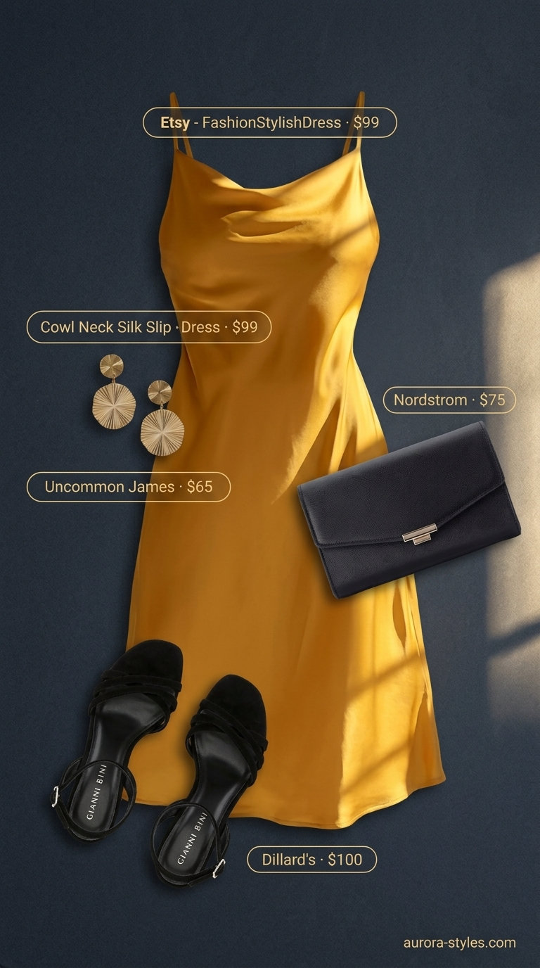 Stylish mom outfits summer 2026: Mustard yellow satin slip dress, black heels, statement gold earrings for evening.
