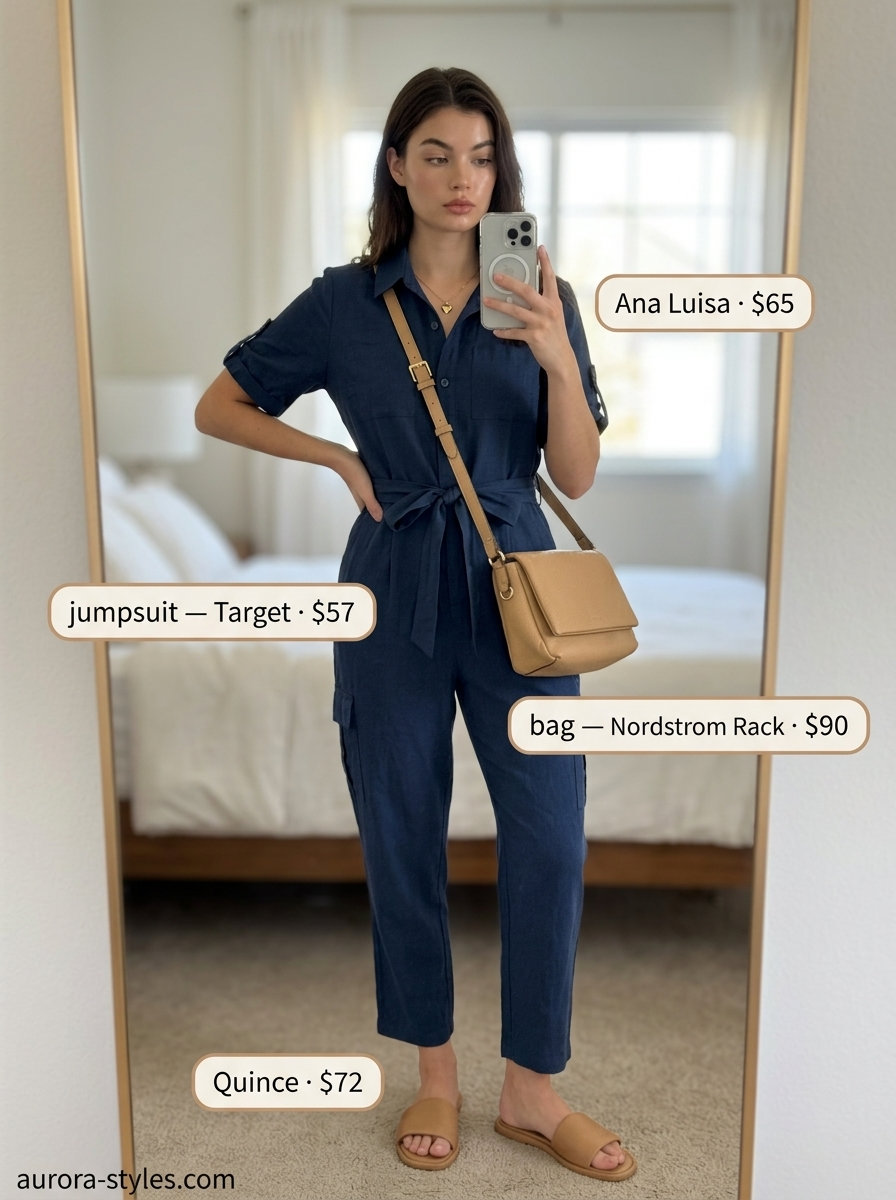 Stylish mom outfits summer 2026: Navy linen jumpsuit, tan sandals, gold necklace for a chic daytime look.