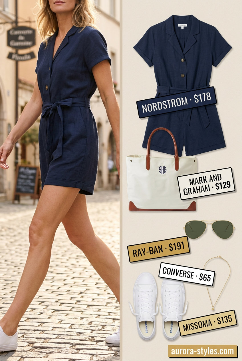 Stylish mom outfits summer 2026: Navy linen romper, white sneakers, gold aviators for a chic weekend getaway.