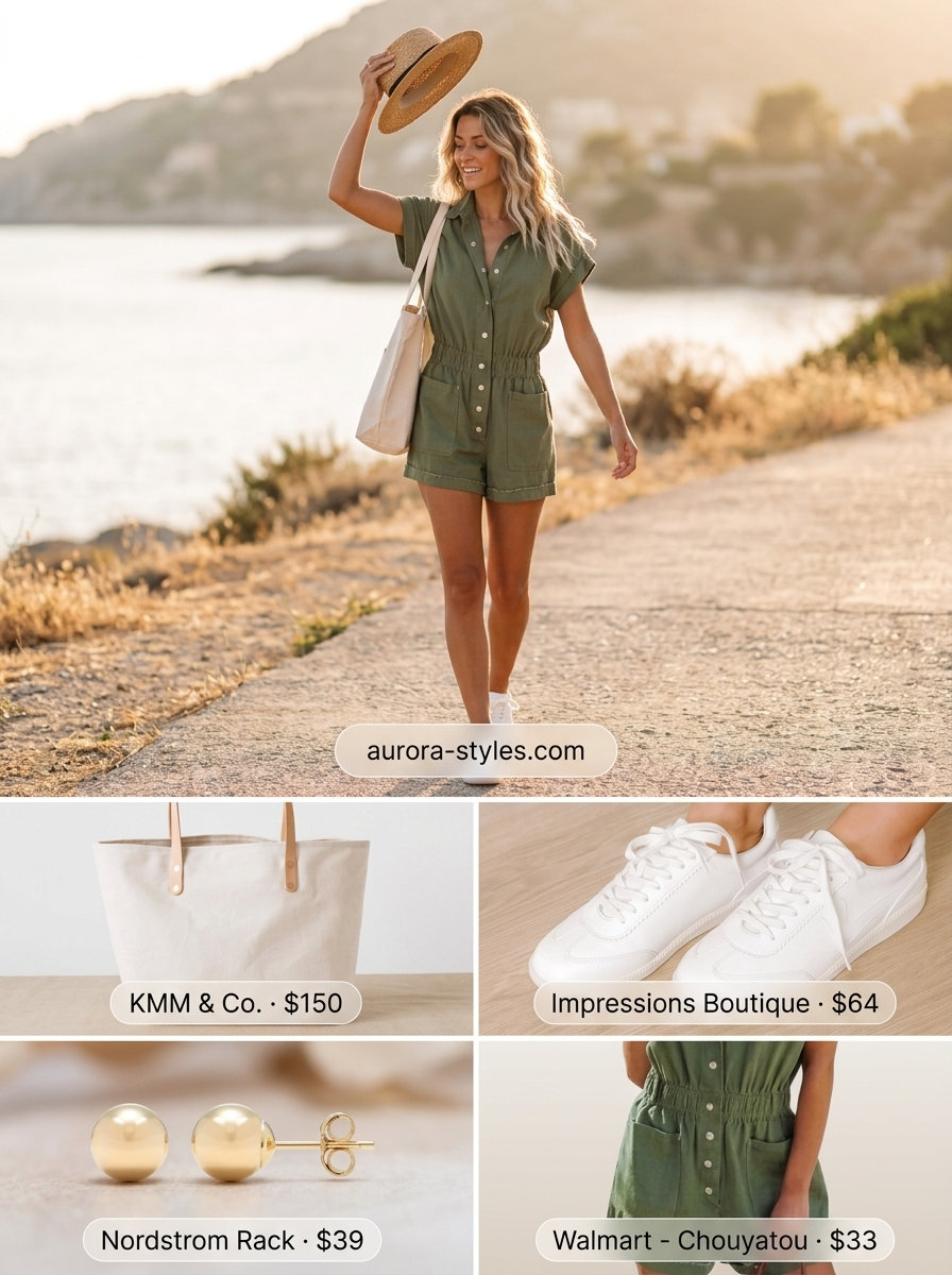 Stylish mom outfits summer 2026: Olive green utility romper, white sneakers, tan tote for a casual day out.