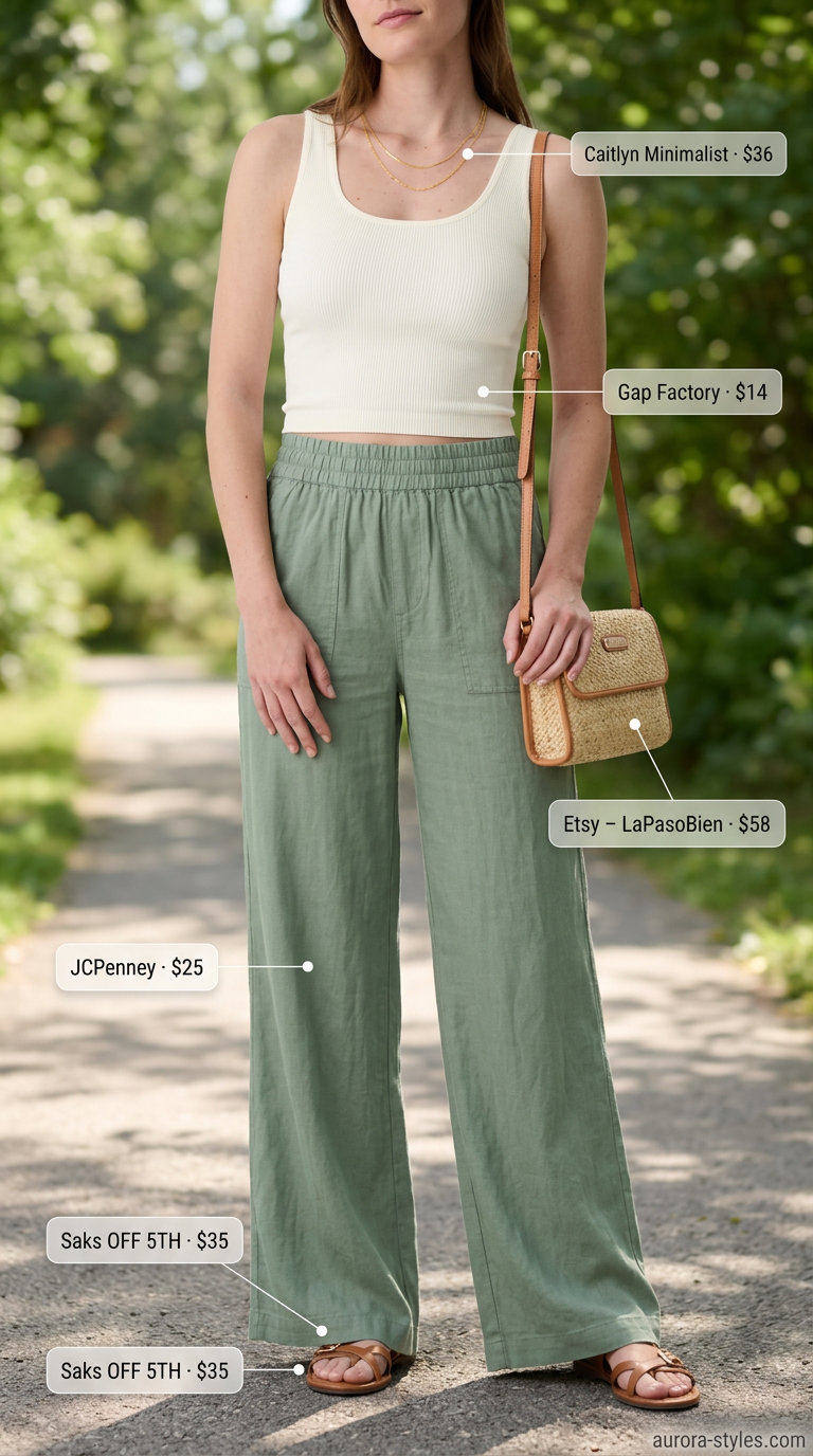 Stylish mom outfits summer 2026: Sage green linen pants, cream tank, and gold necklaces for park picnic.