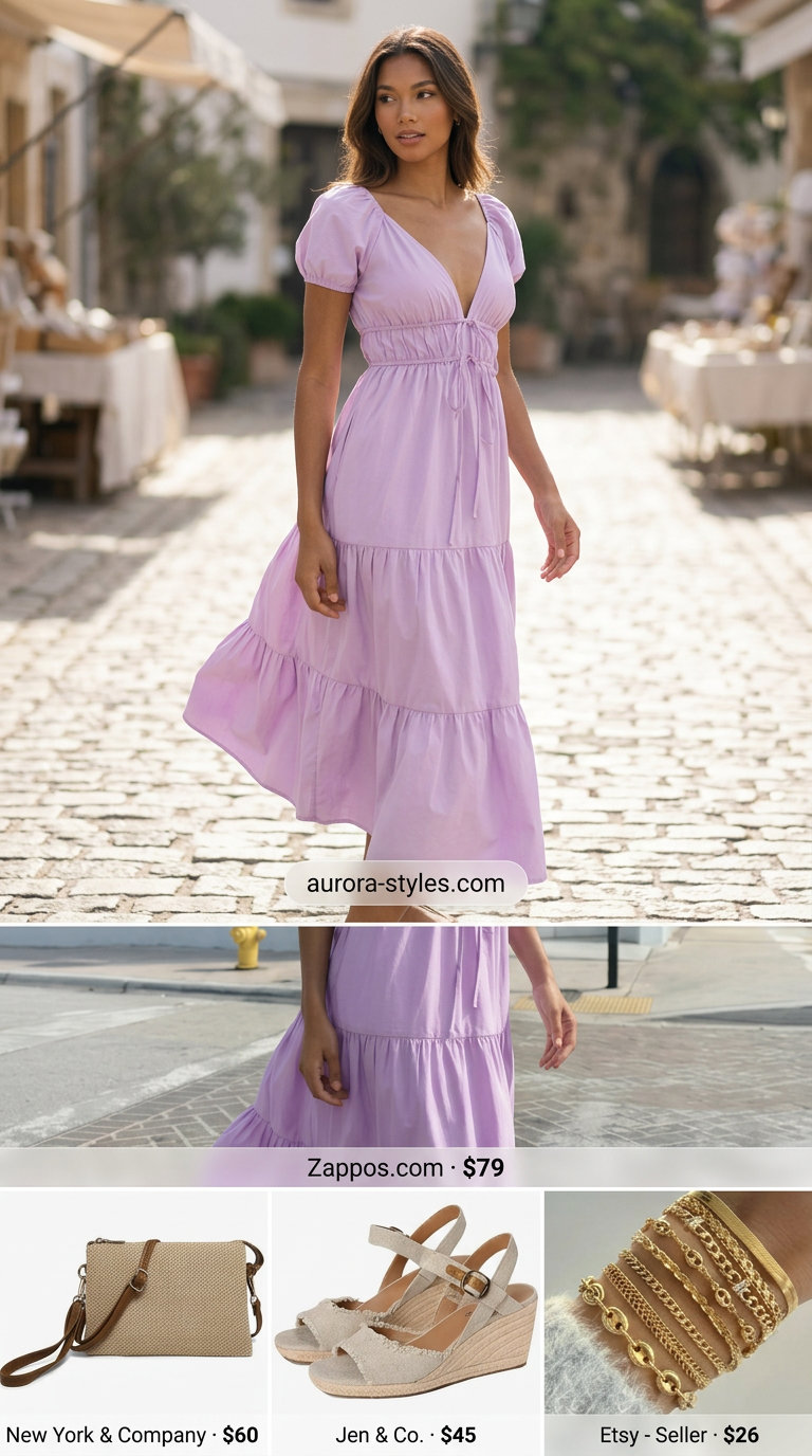 Stylish mom outfits summer 2026: Lilac puff sleeve dress, espadrilles, and straw bag for picnic perfection.