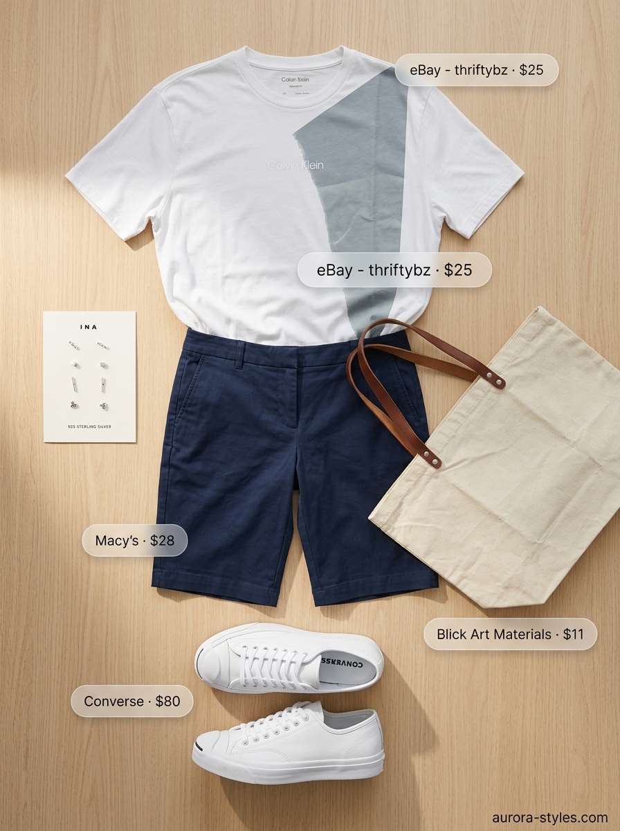 Stylish mom outfits summer 2026: Navy Bermuda shorts, graphic tee, white sneakers, and canvas tote for sporty chic.