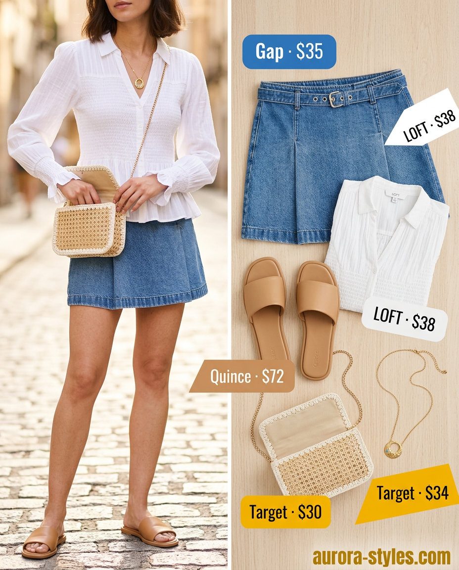 Stylish mom outfits summer 2026: Denim mini skirt, white blouse, tan crossbody, and flat sandals for a playful look.