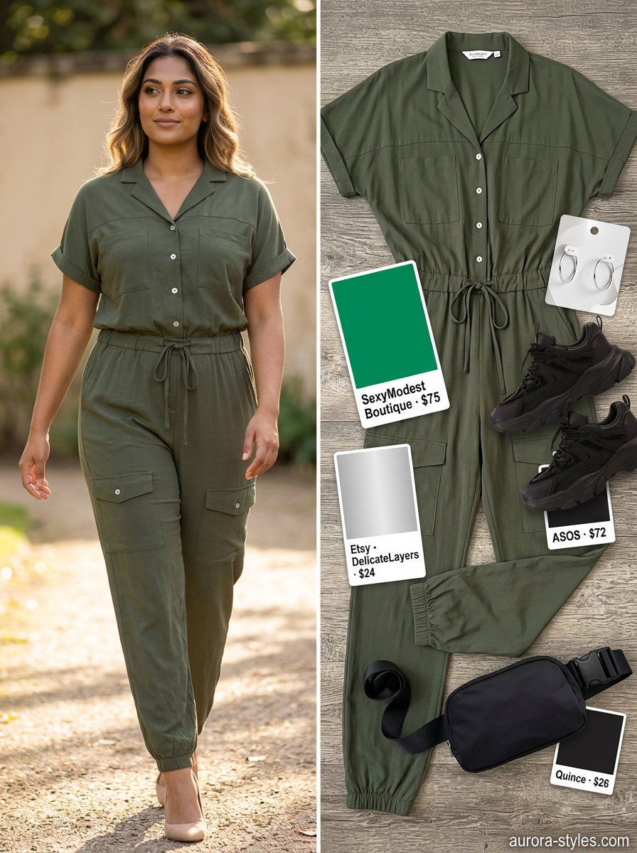 Stylish mom outfits summer 2026: Olive green utility jumpsuit, belt bag, and sneakers for city exploration.
