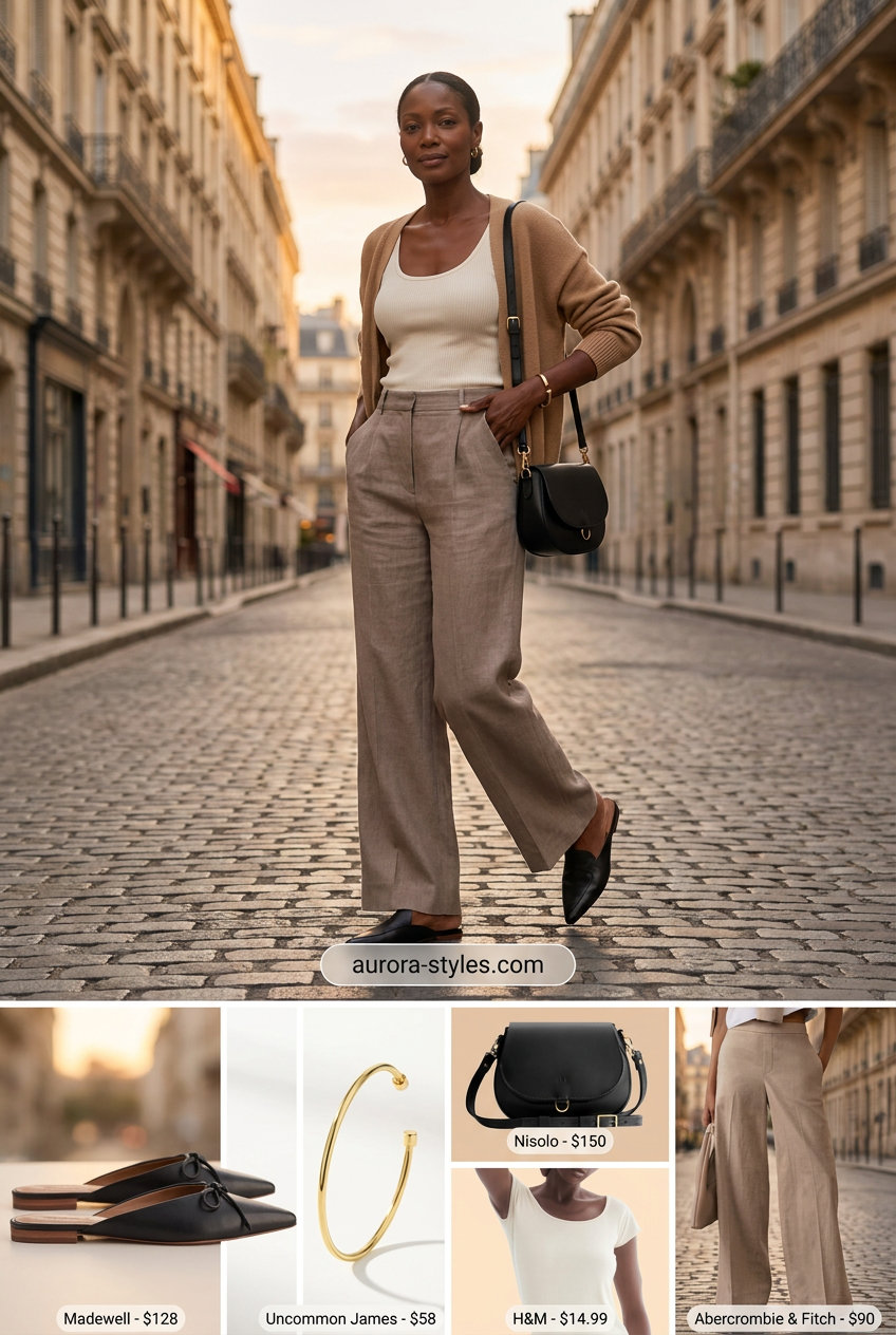 Stylish mom outfits summer 2026: Taupe wide-leg pants, cream knit top, gold bracelet, and black mules for work.