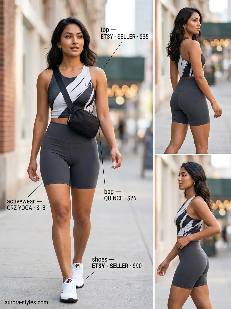 Modern summer activewear for women 2026: Biker shorts, graphic tee, and minimalist sneakers.