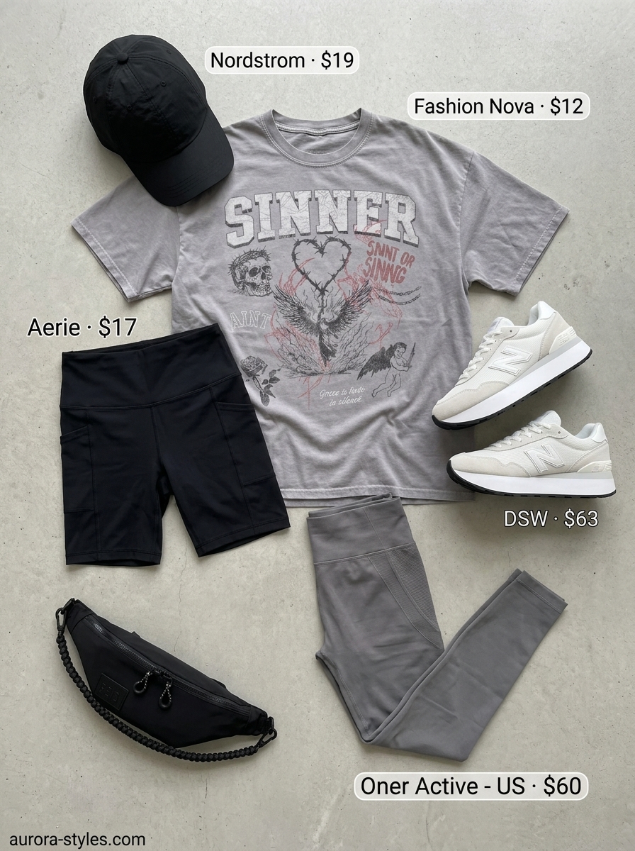 Black biker shorts and oversized graphic tee for women, perfect for summer activewear for women 2026 urban exploration.