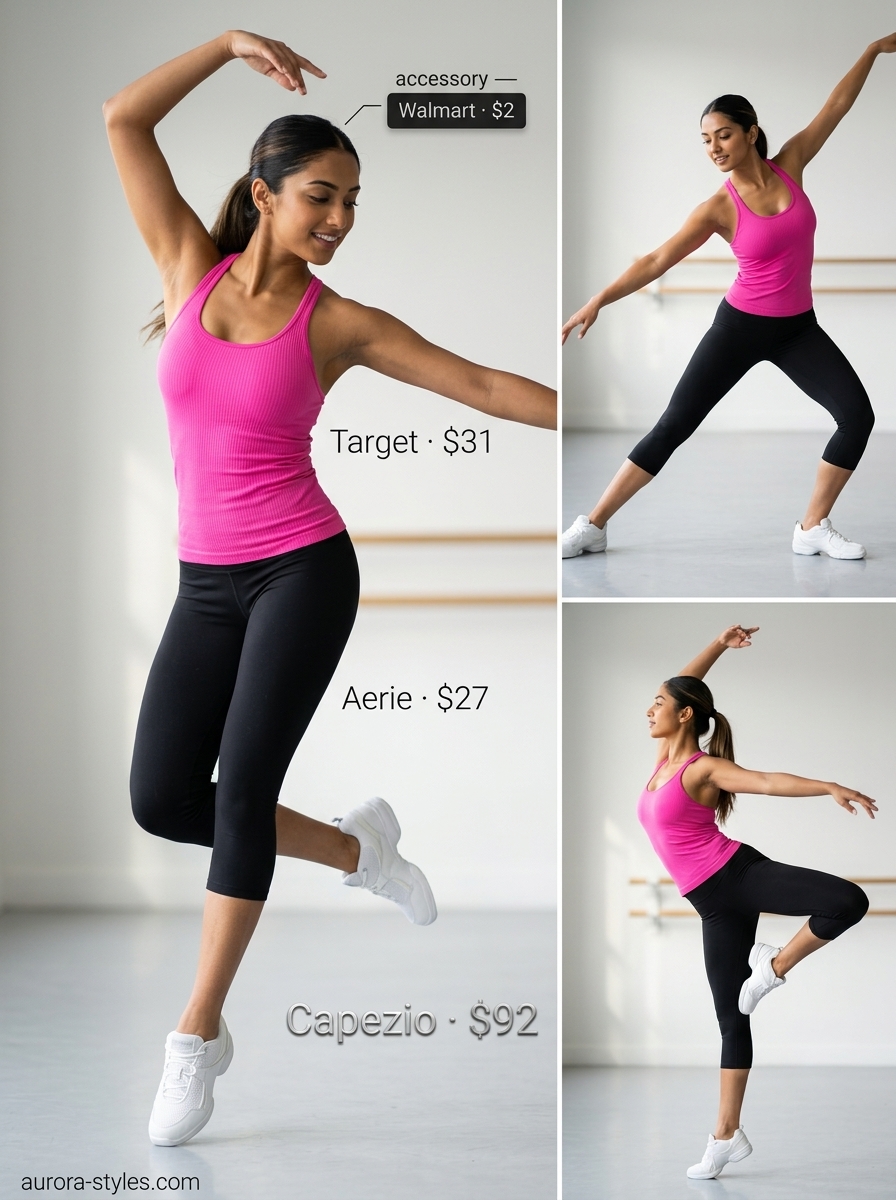 Fuchsia pink activewear tank top and black capri leggings for women, ideal for summer activewear for women 2026 dance classes.