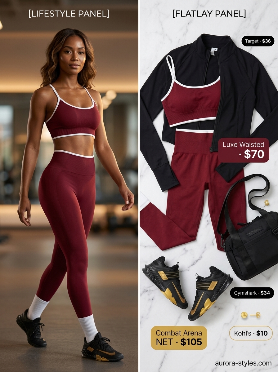 Deep burgundy leggings & black cropped jacket for gym confidence. Summer activewear for women 2026.