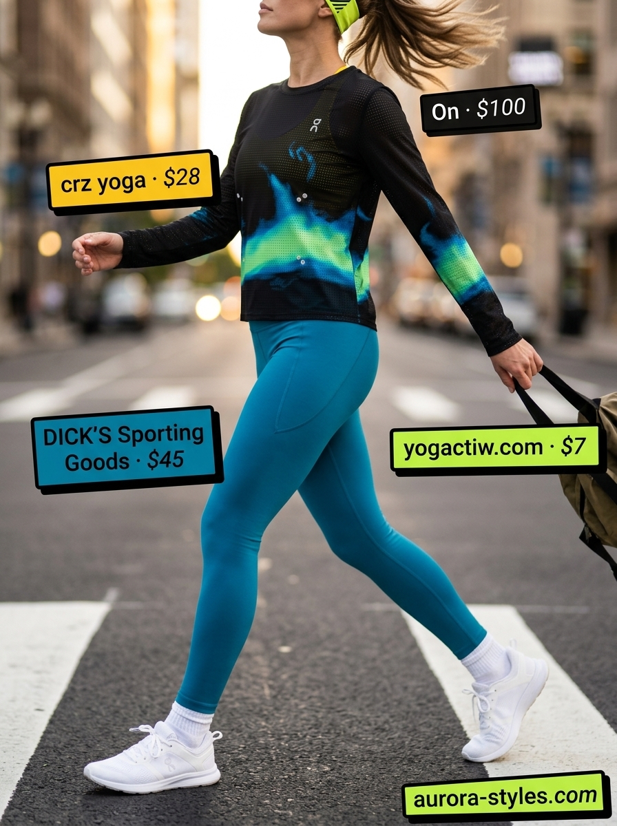 Energetic summer activewear for women 2026: Teal leggings, yellow sports bra, and black long-sleeve top.