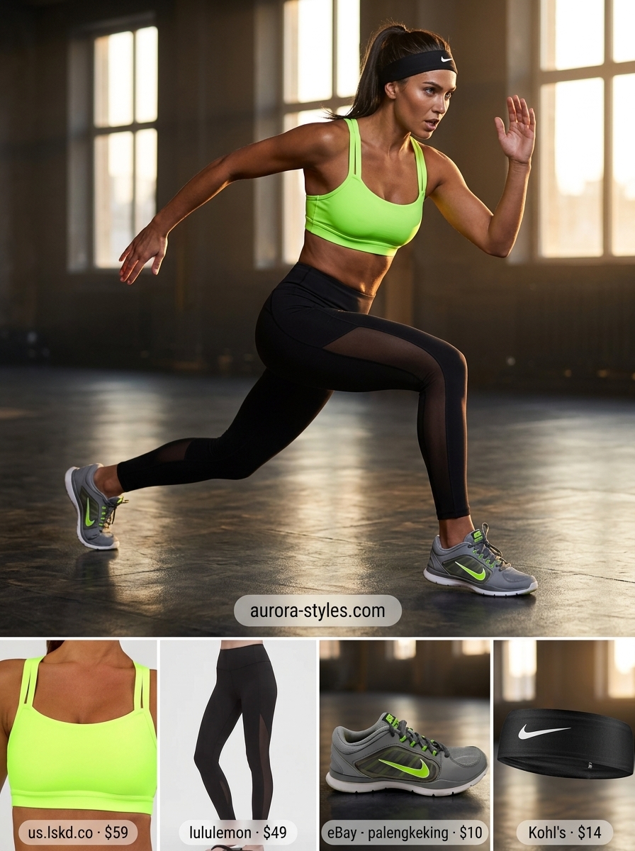 Neon green sports bra and black leggings for women, for summer activewear for women 2026 HIIT training.