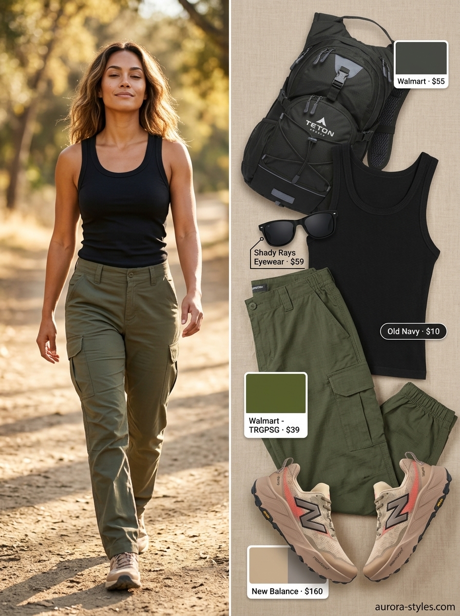 Olive green cargo activewear pants and black tank top for women, for summer activewear for women 2026 hiking and exploration.