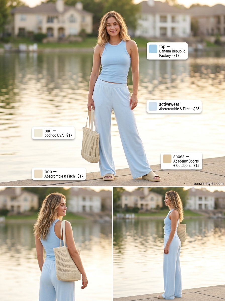 Sky blue wide-leg activewear pants and ribbed tank top for women, for summer activewear for women 2026 lakeside lounging.