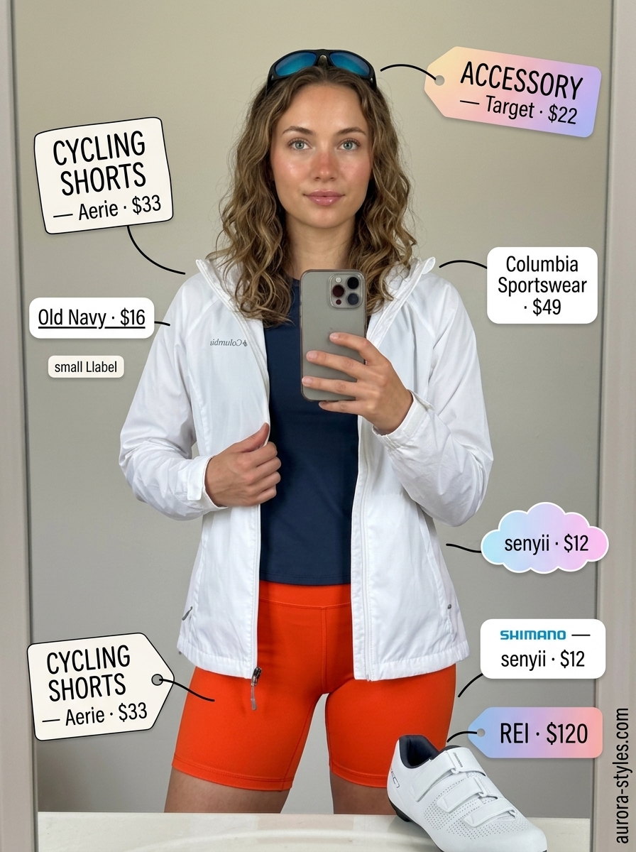 Bright orange cycling shorts & navy base layer for outdoor rides. Summer activewear for women 2026.