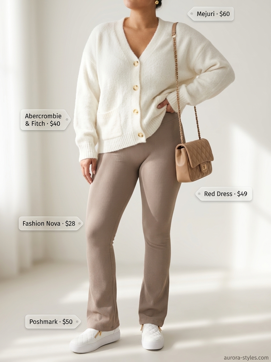 Relaxed summer activewear for women 2026: Taupe ribbed set, off-white sneakers, and oversized cardigan.