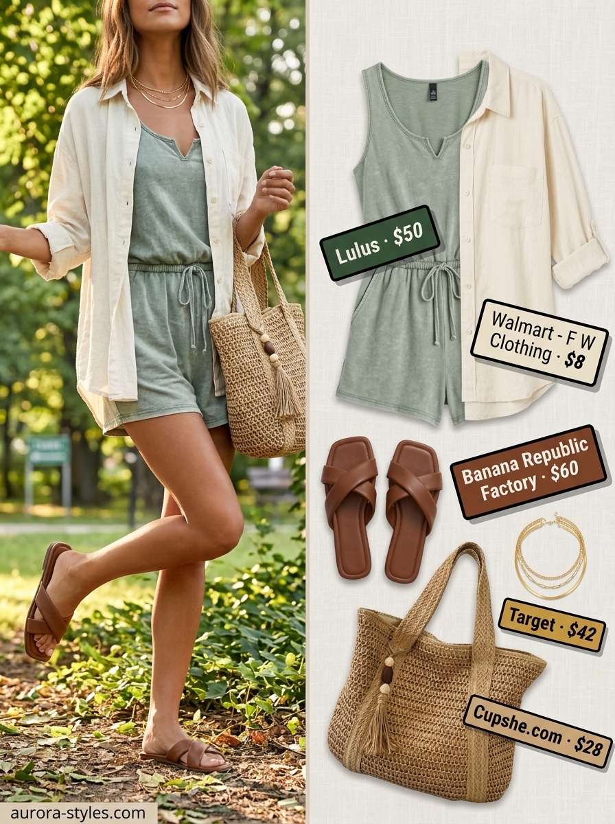 Sage green activewear romper outfit for women, perfect for summer activewear for women 2026 casual days out and picnics.