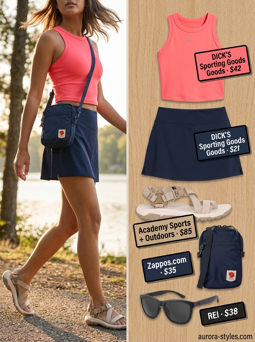 Navy blue activewear skort and coral pink tank top for women, ideal for summer activewear for women 2026 lakeside activities.