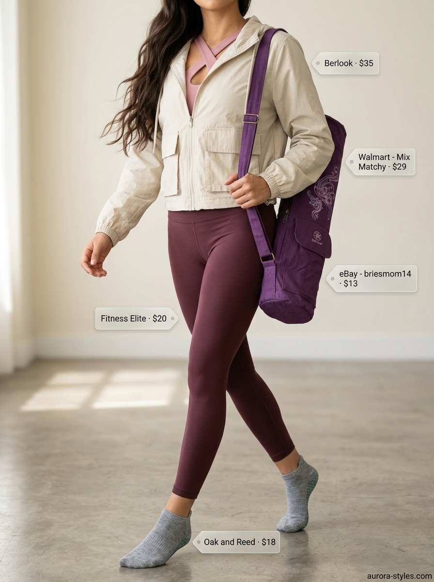 Deep plum leggings & dusty rose sports bra for studio workouts. Summer activewear for women 2026.