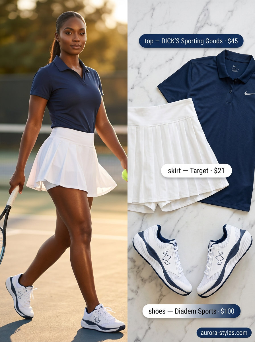 Elegant summer activewear for women 2026: Navy polo, white skort, and visor for tennis or golf.