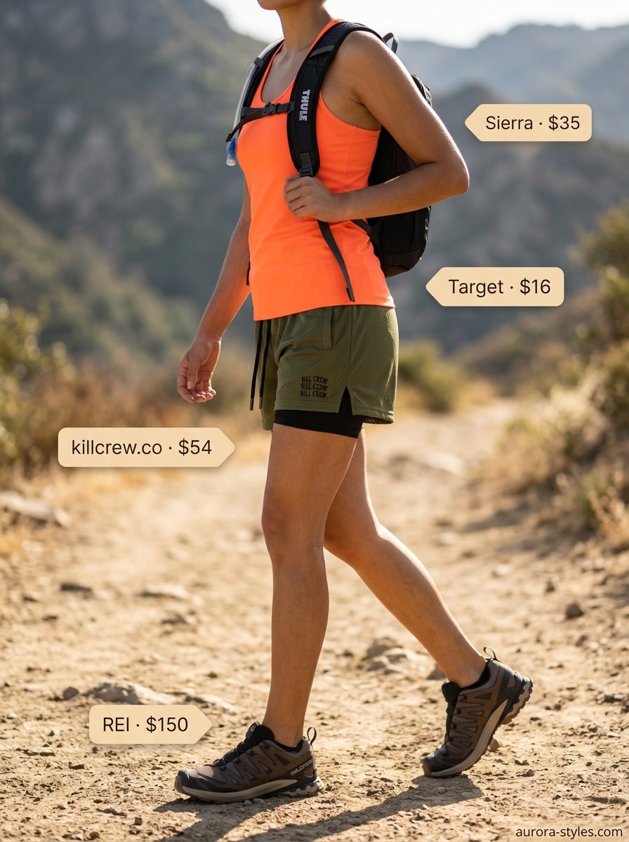 Adventurous summer activewear for women 2026: Olive green shorts, sunset orange tank, and trail shoes.