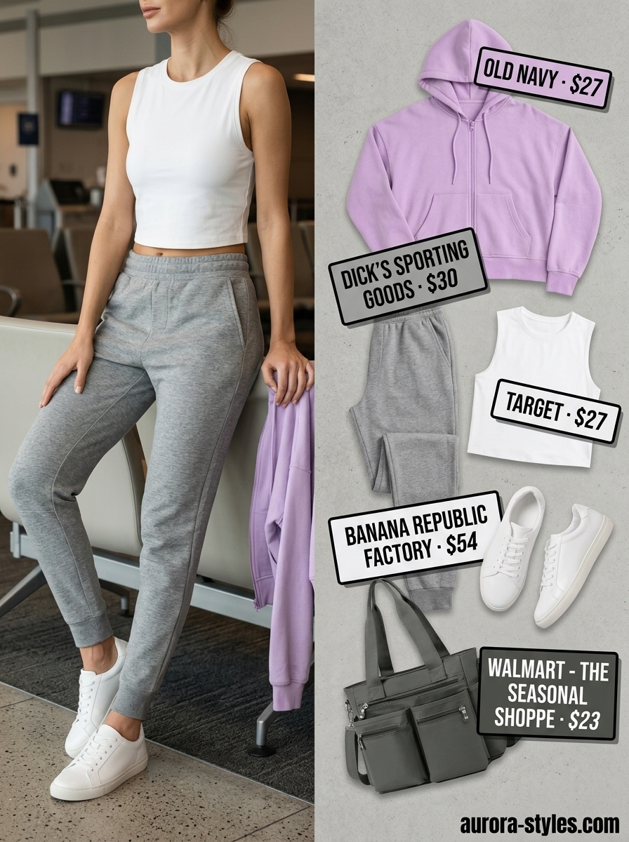 Heather grey joggers and soft lavender hoodie for women, ideal for summer activewear for women 2026 travel.