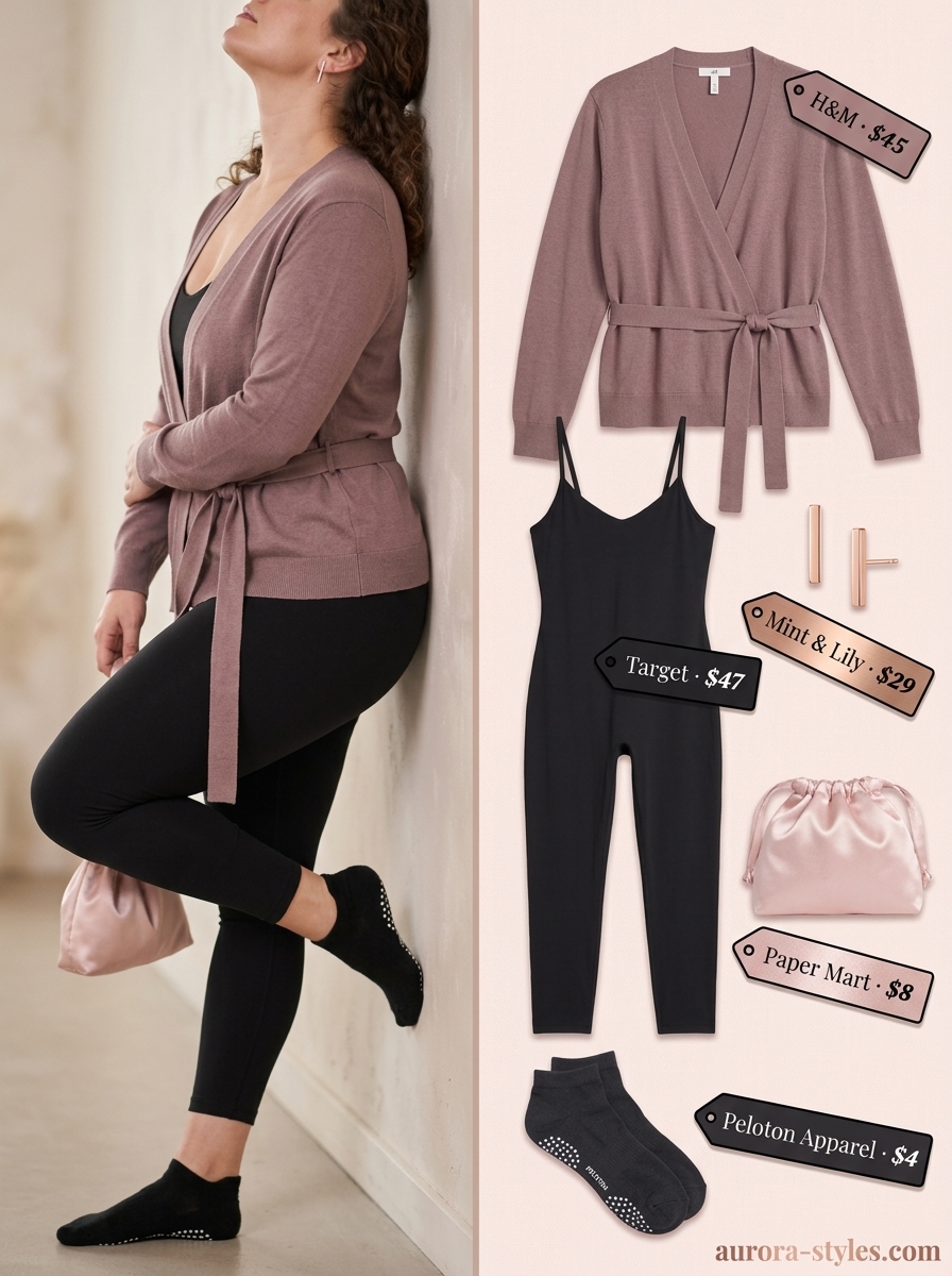 Graceful summer activewear for women 2026: Black unitard, blush pink cardigan, and rose gold earrings.