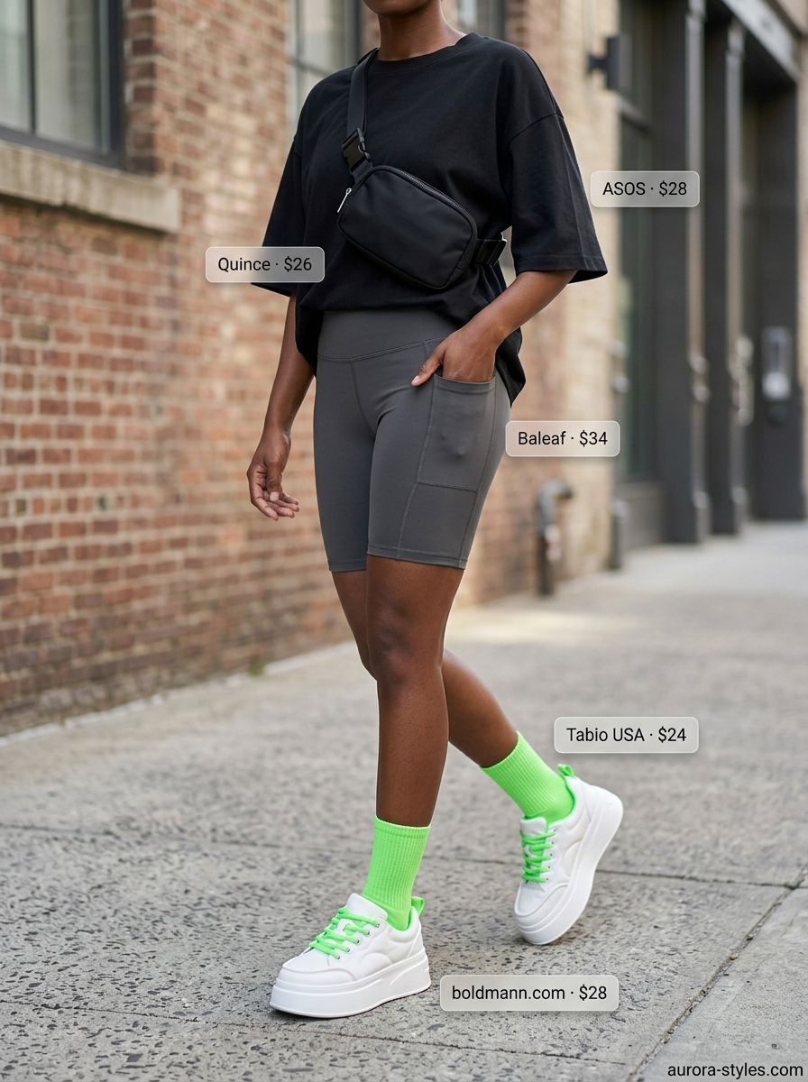 Charcoal grey biker shorts & oversized tee for urban exploration. Summer activewear for women 2026.