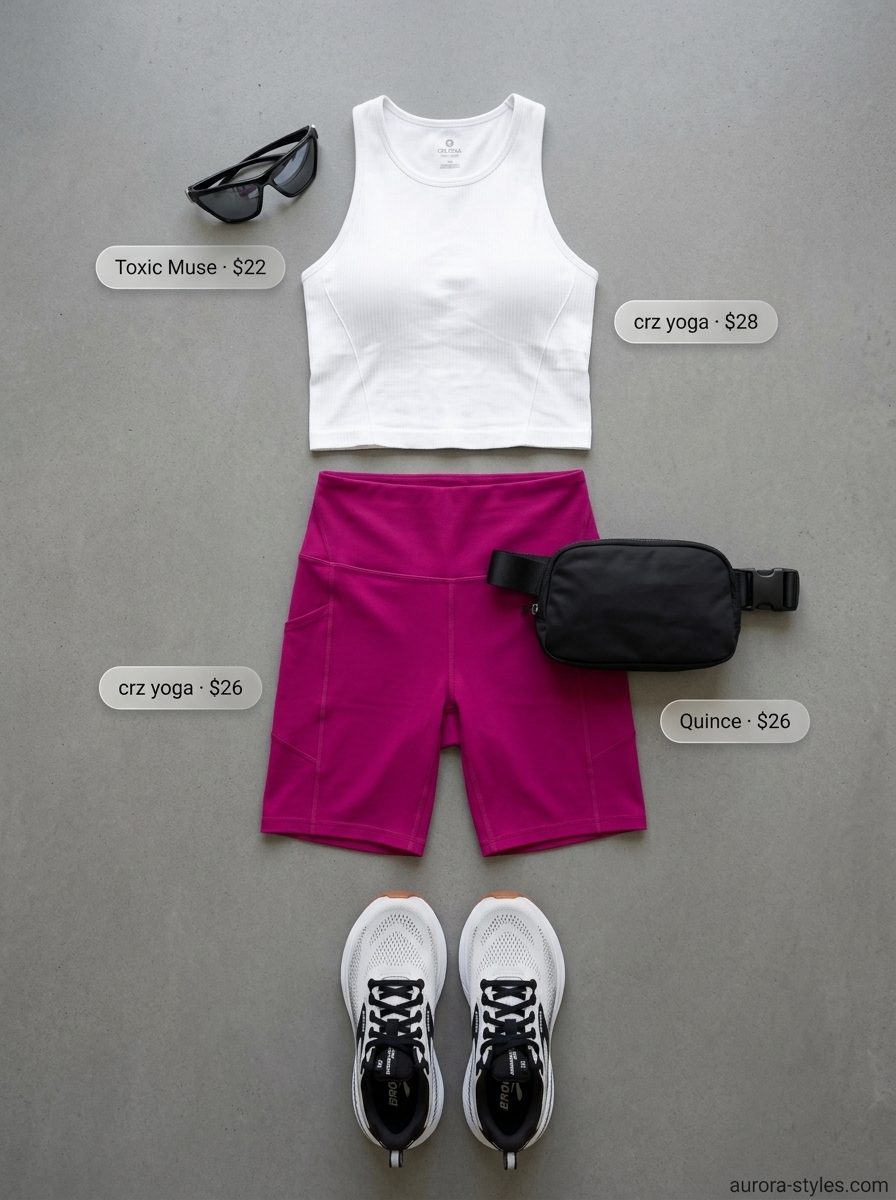 Energetic hot pink biker shorts and white tank for summer activewear for women 2026 spin class.