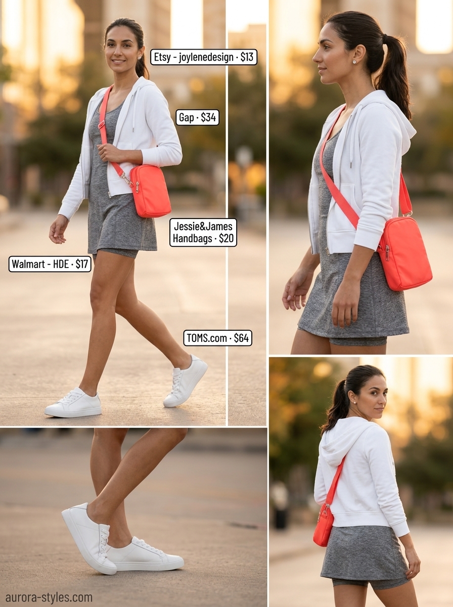 Heather grey activewear dress with white zip-up hoodie & coral crossbody. Summer activewear for women 2026.