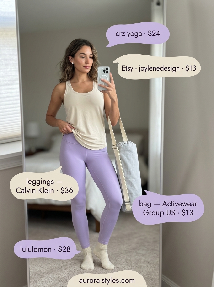 Lavender activewear leggings and cream tank top for women, perfect for summer activewear for women 2026 yoga and pilates.