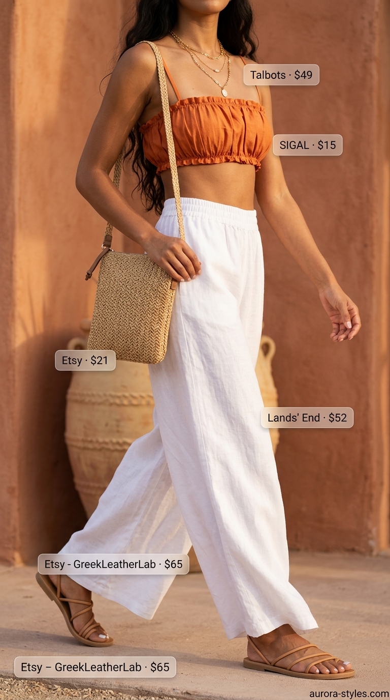 Bright orange bandeau top with linen pants for a summer beach club outfit 2026.