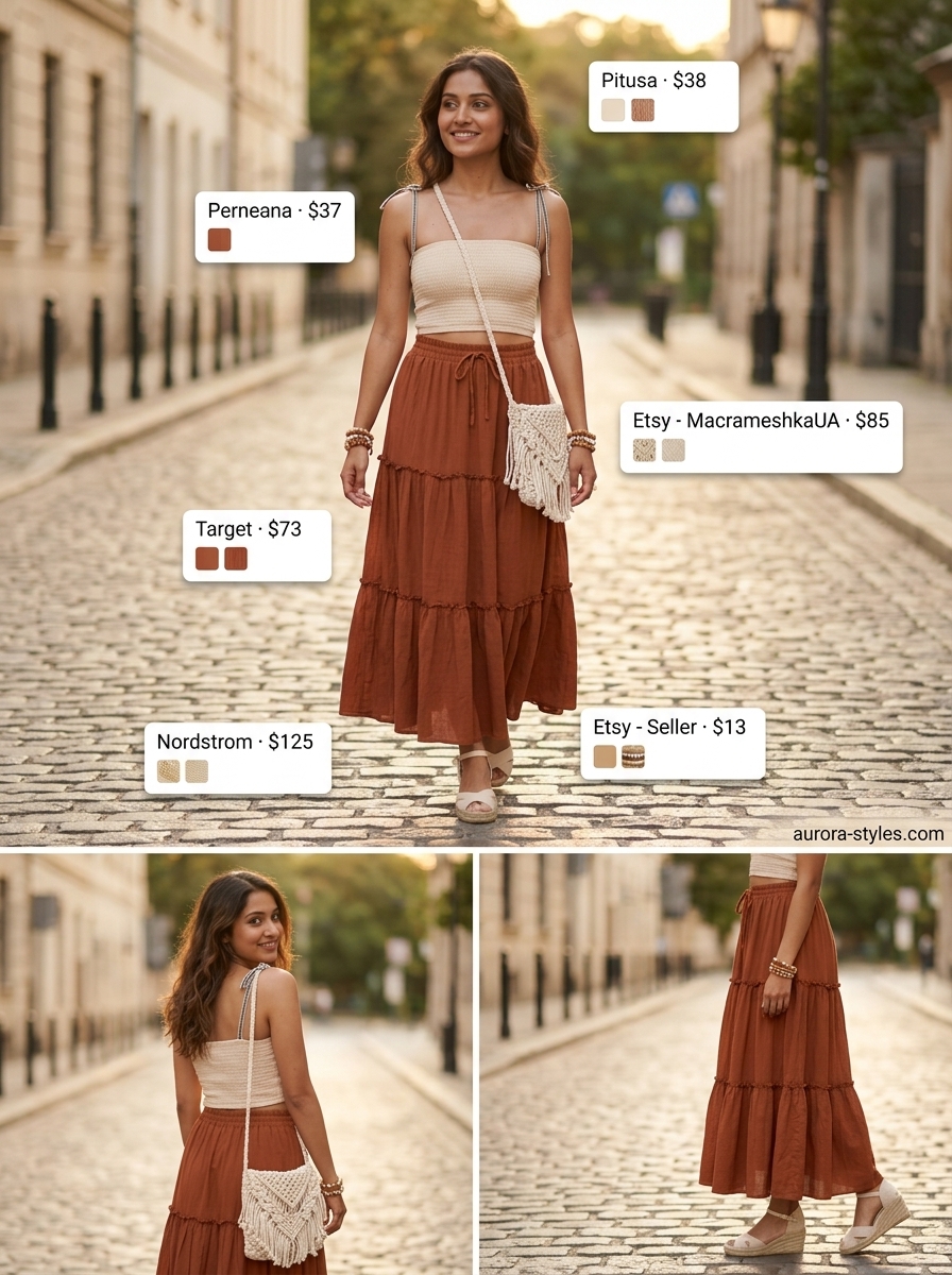 Cream smocked bandeau top with a flowing maxi skirt for a boho summer evening 2026.