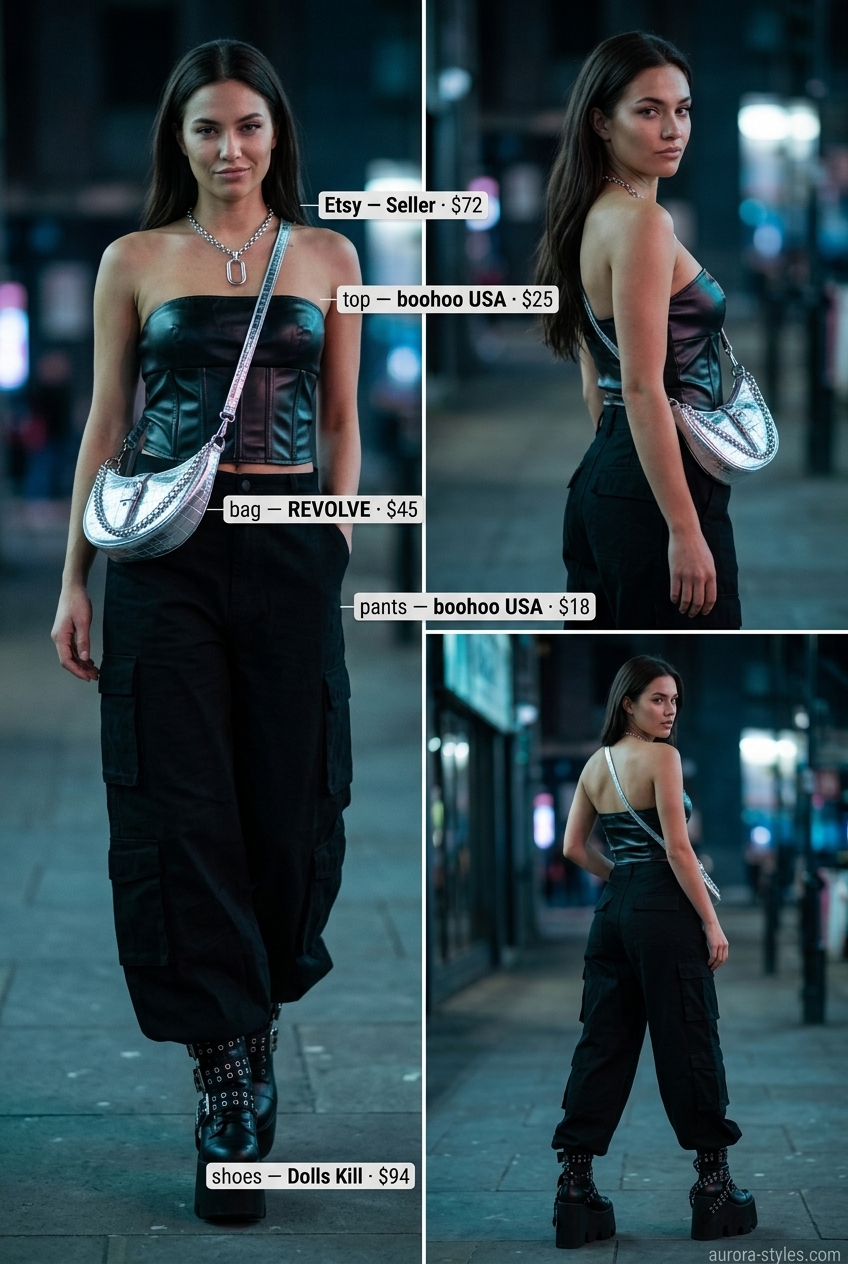 Black faux leather bandeau top with cargo pants for an edgy summer night 2026.