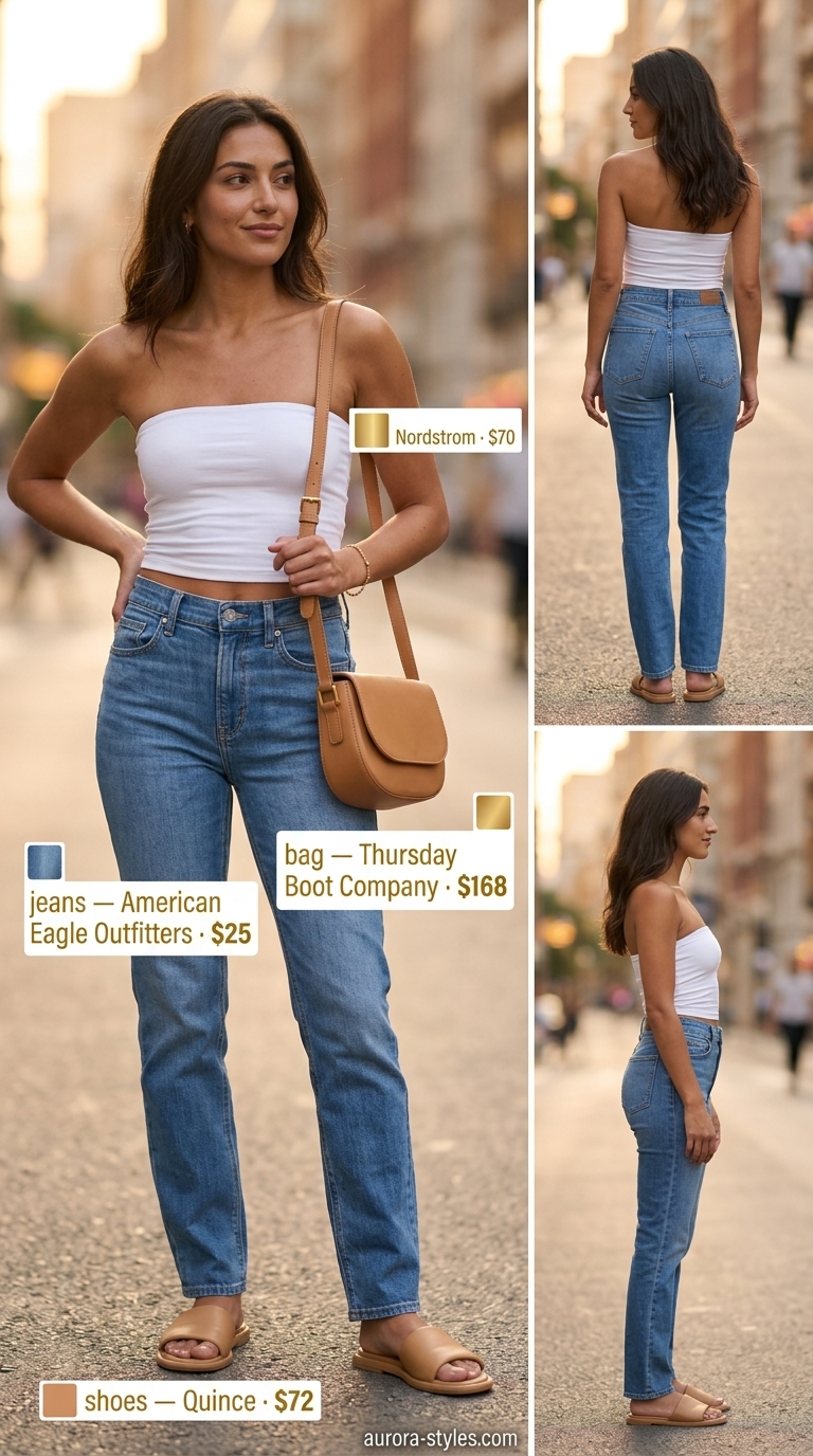 White jersey bandeau top with high-waisted jeans for a modern minimalist summer 2026.