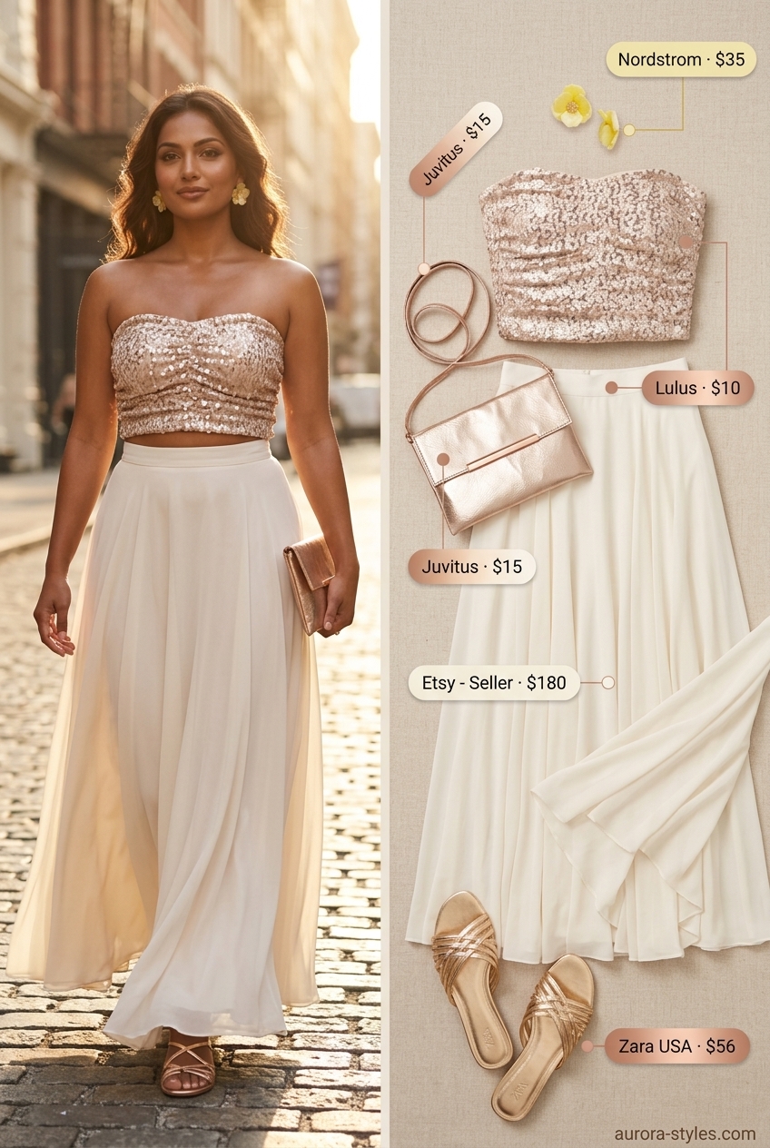 Rose gold sequin bandeau top with a maxi skirt for vacation evening glam 2026.