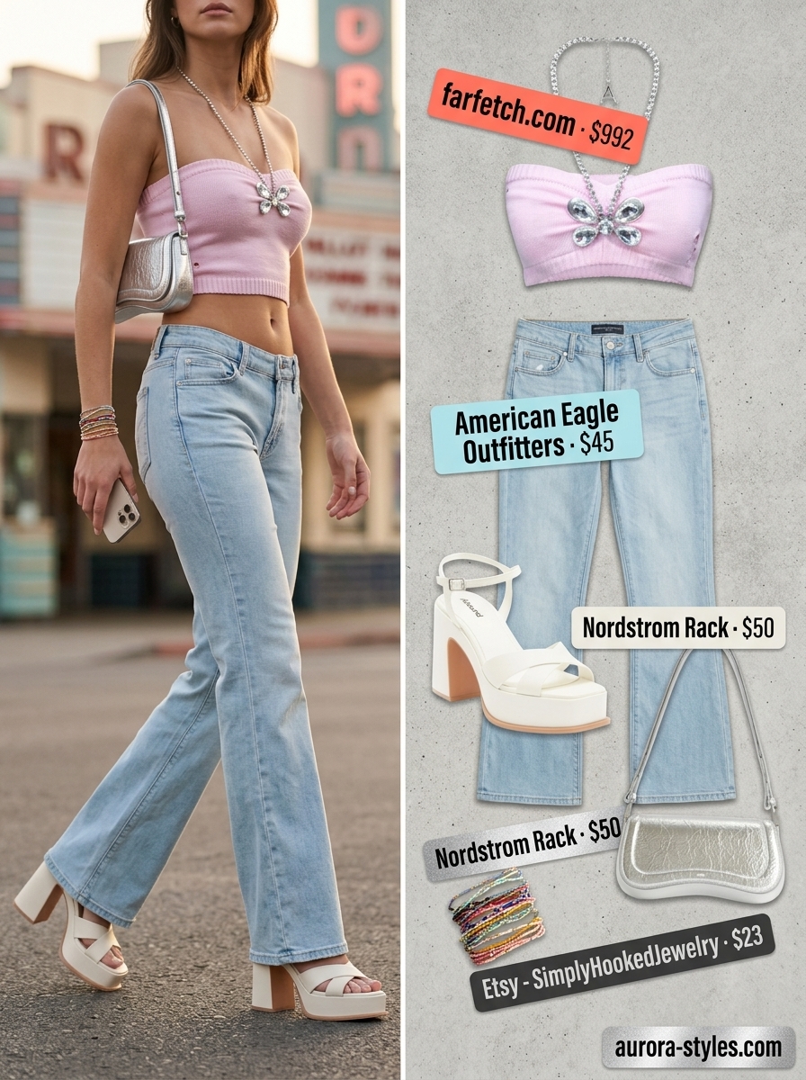 Pink butterfly bandeau top with flared jeans for a Y2K summer party 2026.