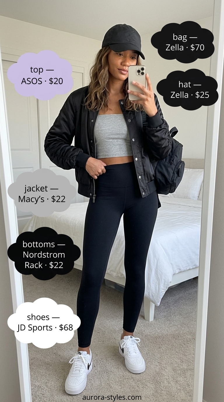 Athleisure cool outfit: grey bandeau top, black leggings, bomber jacket, sneakers. Summer Bandeau top for women 2026.