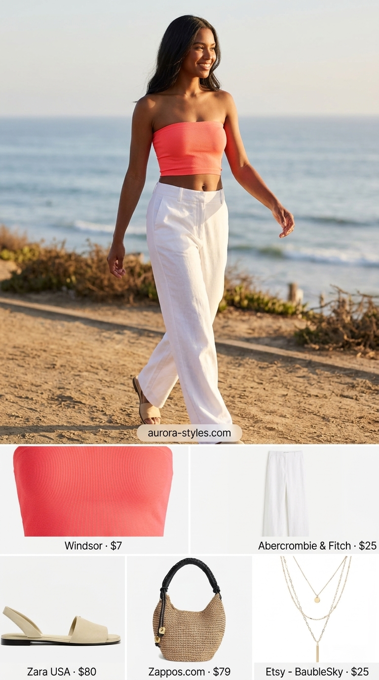 Sunset beach breeze outfit: coral bandeau top, white linen pants, straw bag, gold jewelry. Summer Bandeau top for women 2026.