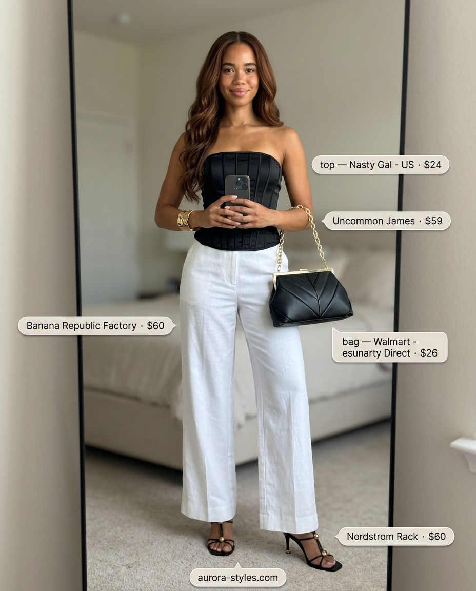 Black satin bandeau top with white linen trousers for a chic summer evening outfit 2026.