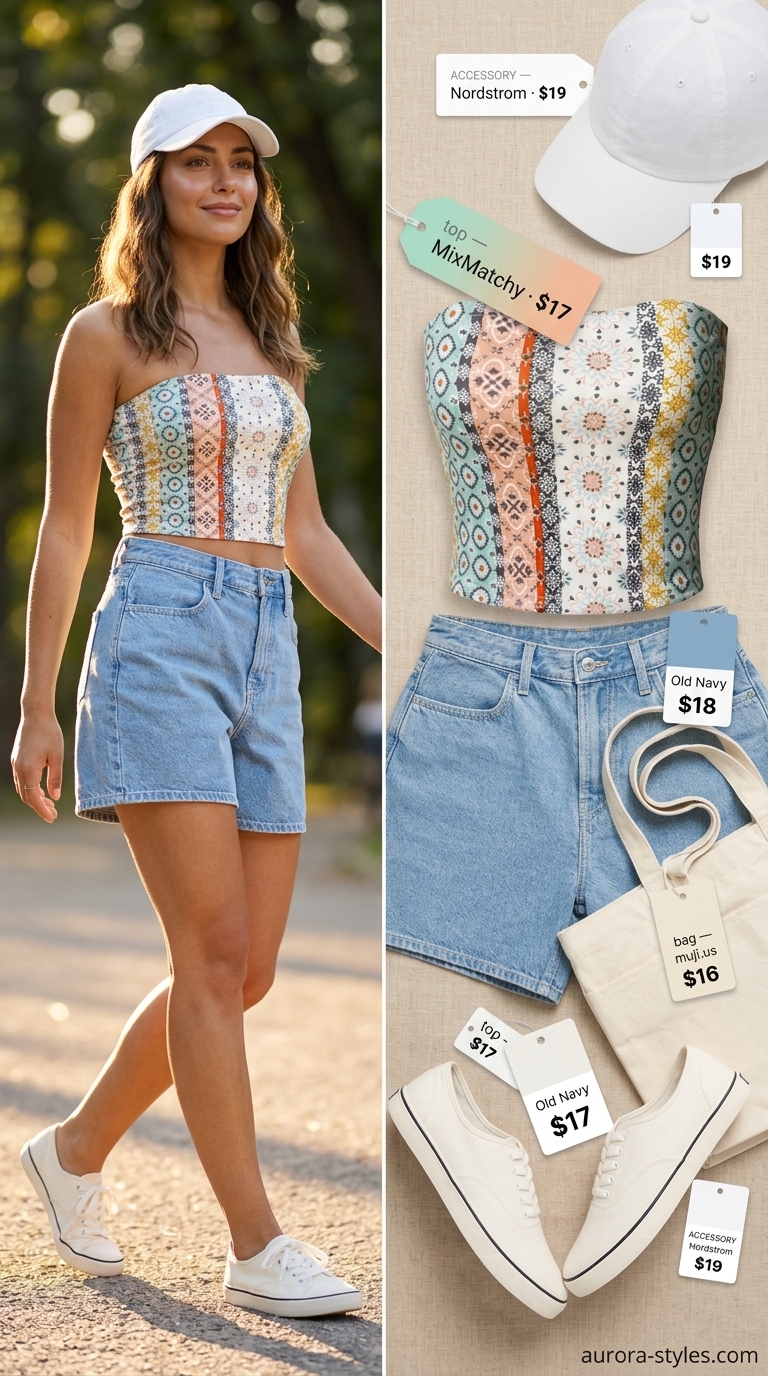 Casual summer day outfit: mint green bandeau top, denim shorts, canvas tote. Summer Bandeau top for women 2026.