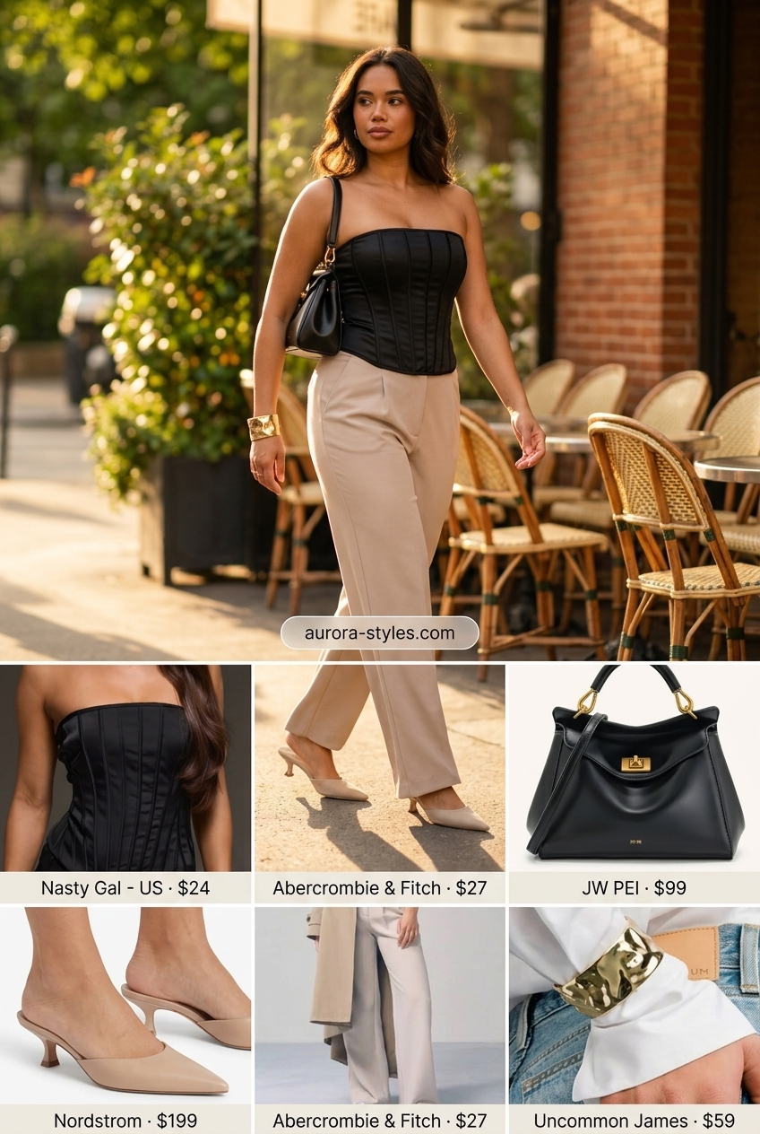 City chic outfit: black satin bandeau top, beige wide-leg trousers, gold jewelry. Summer Bandeau top for women 2026.