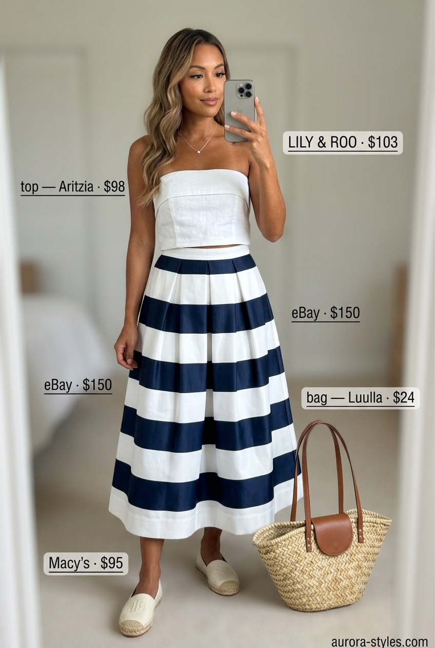 Coastal vacation outfit: white bandeau top, navy striped midi skirt, straw tote. Summer Bandeau top for women 2026.