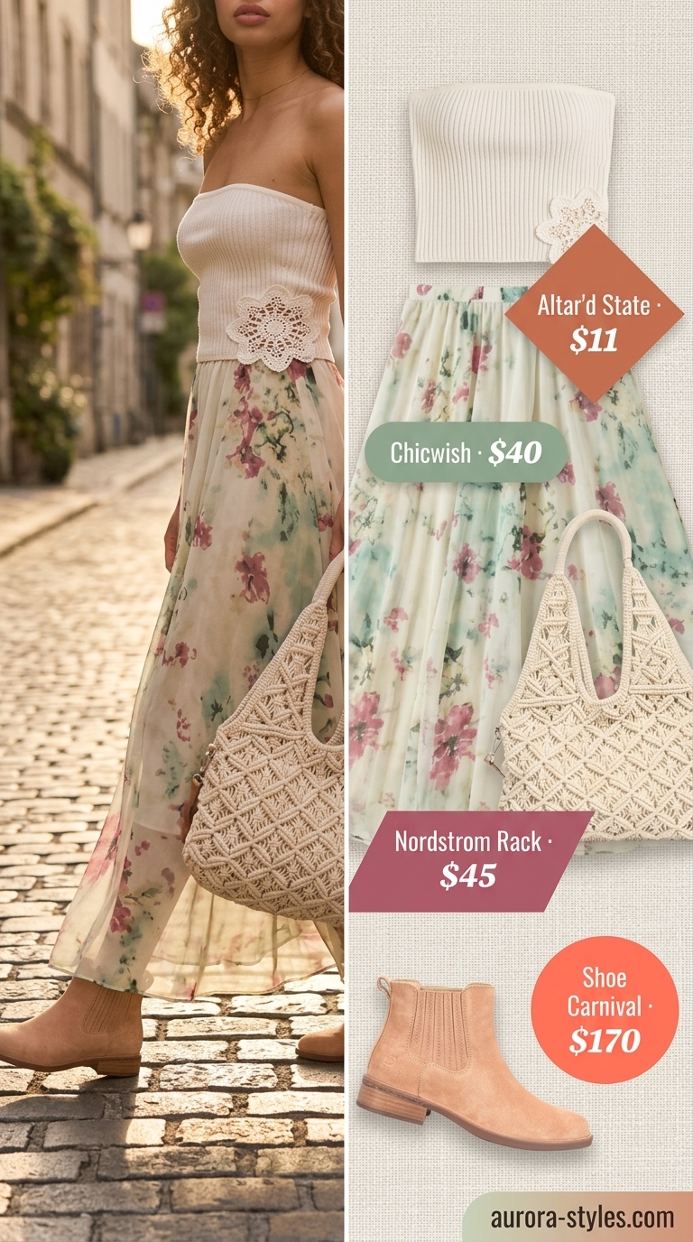 Cream crochet bandeau top with a muted floral maxi skirt for a boho summer evening look 2026.