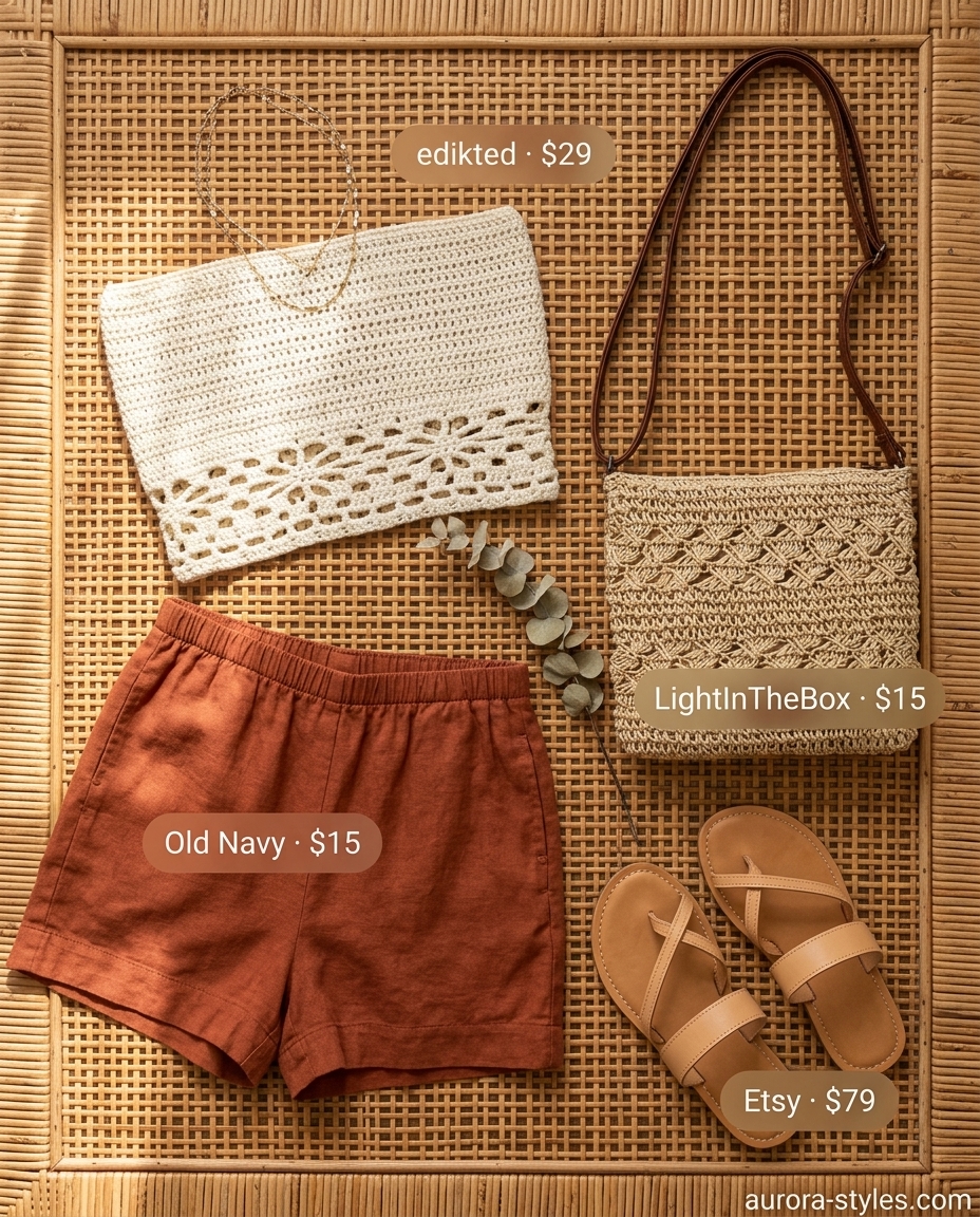 Cream crochet bandeau top with terracotta linen shorts for a relaxed beach casual summer look 2026.
